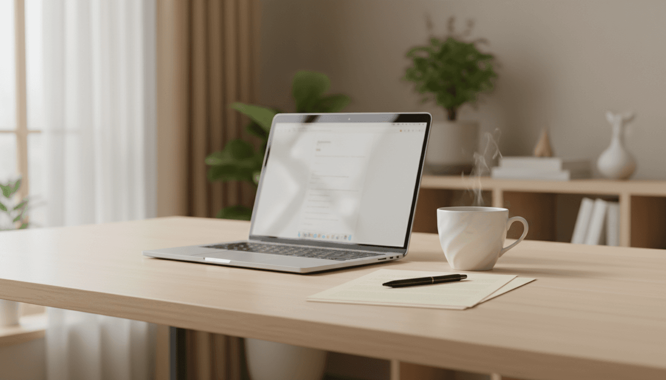 A calm, professional photography aesthetic wide shot of a neat desk with a laptop, a coffee cup, and a few papers, soft natural light coming from a window, warm neutral tones, shallow depth of field