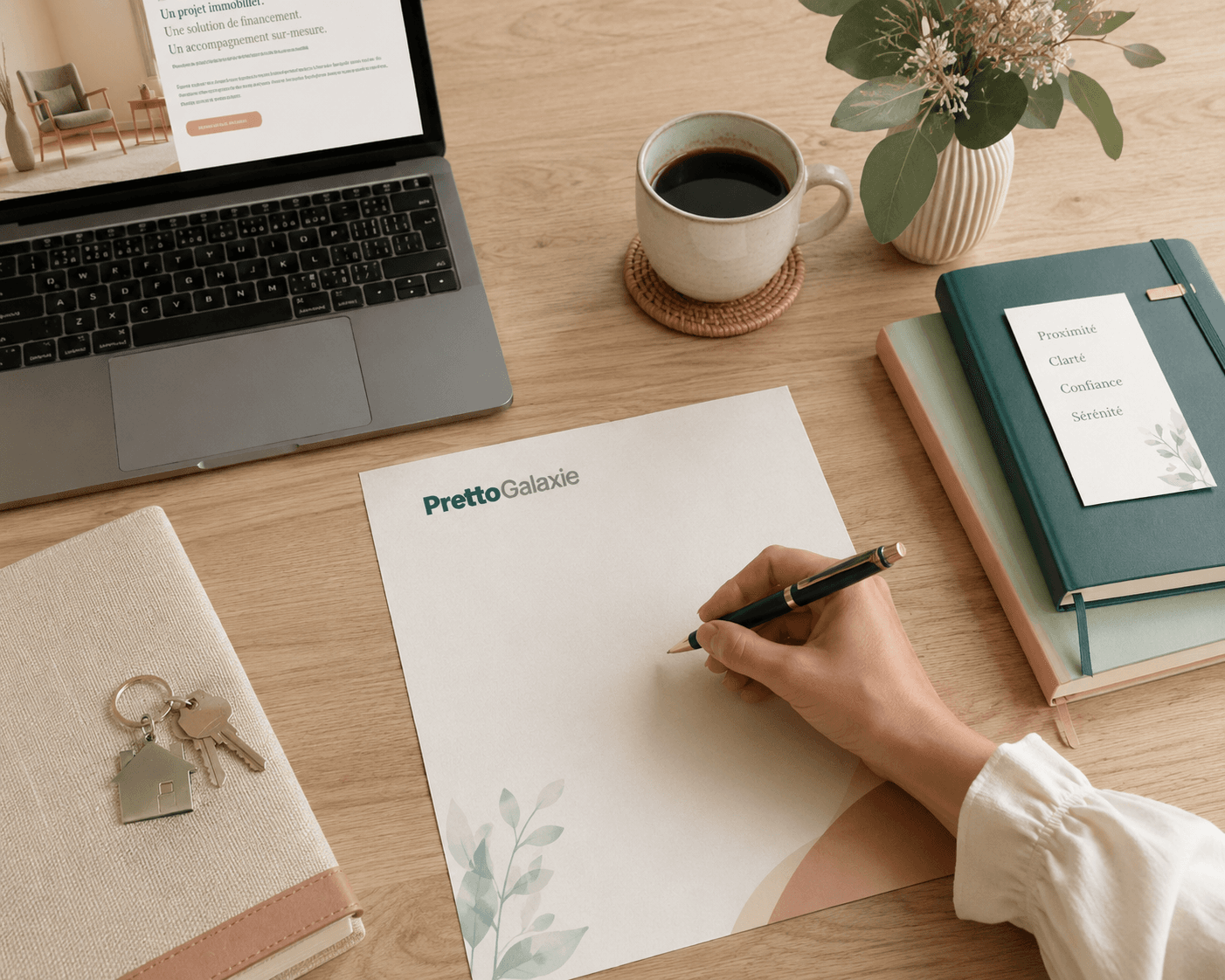 Main écrivant sur du papier Pretto Galaxie avec un ordinateur portable et un café.