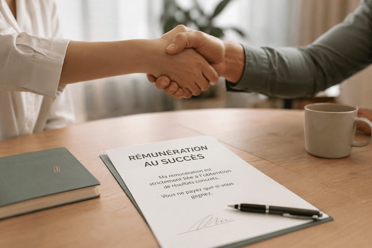 Poignée de main scellant un contrat de rémunération au succès sur une table en bois.